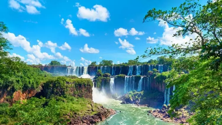 Vue panoramique des chutes d'Iguazú entourées d'une végétation tropicale luxuriante.