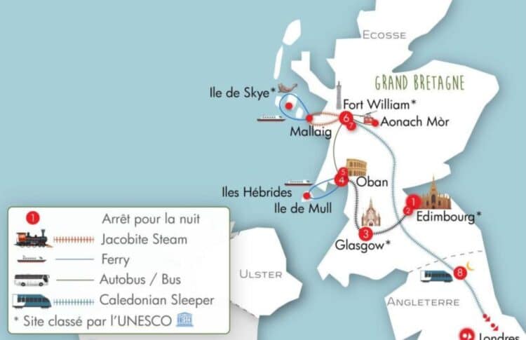 Carte illustrant un itinéraire de voyage en Écosse entre Édimbourg, Glasgow, Oban et les Highlands
