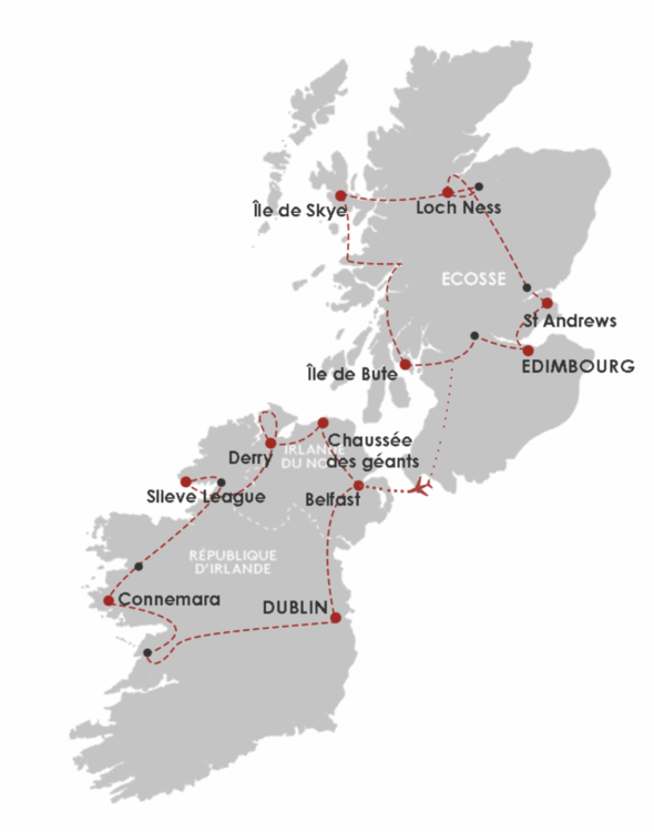 Carte du circuit Irlande Écosse 13 jours – itinéraire Dublin, Connemara, Slieve League, Derry, Chaussée des Géants, Belfast, Île de Bute, Île de Skye, Loch Ness, St Andrews, Édimbourg
