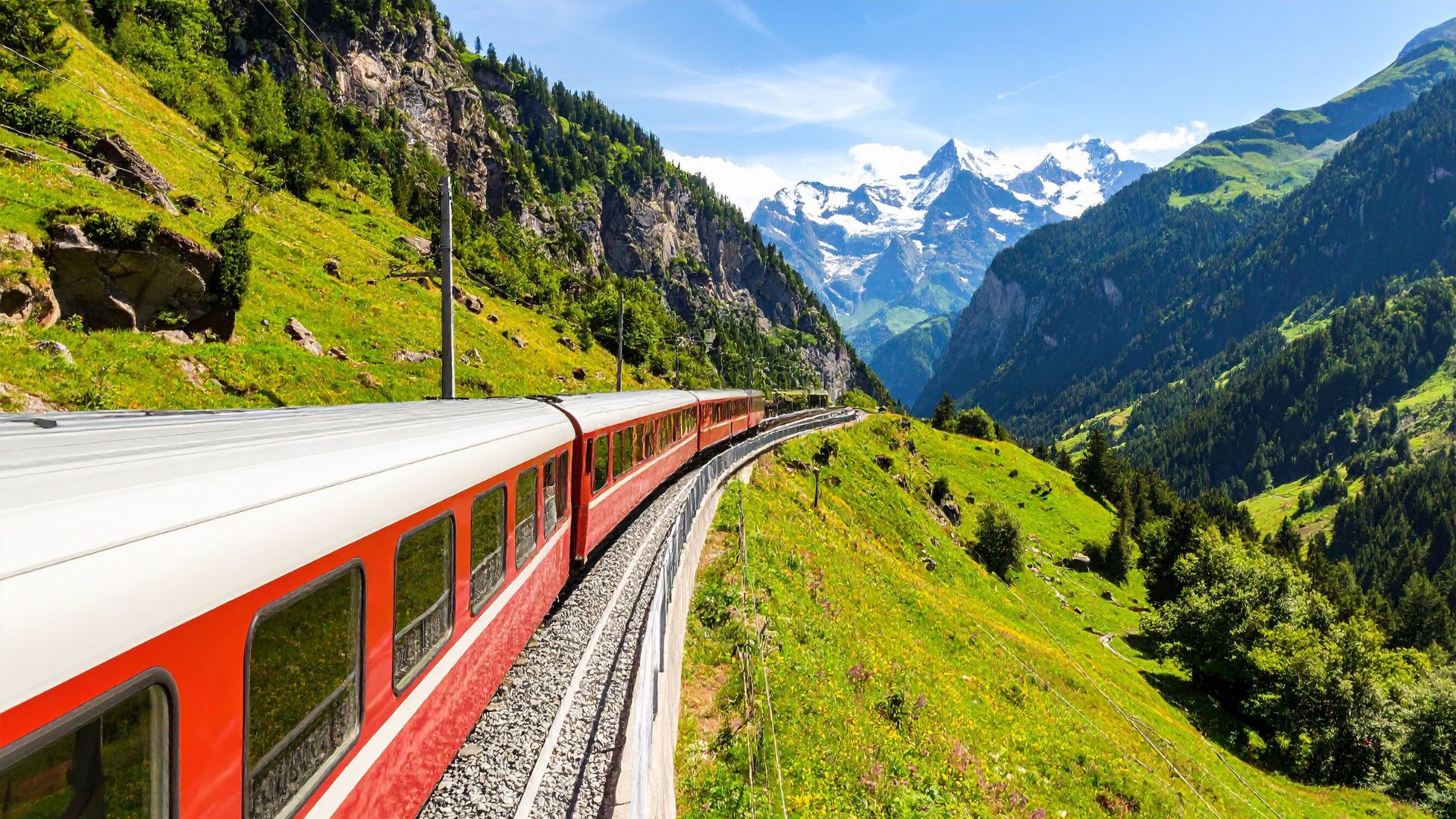 Train panoramique rouge traversant les Alpes suisses au cœur d’une vallée verdoyante