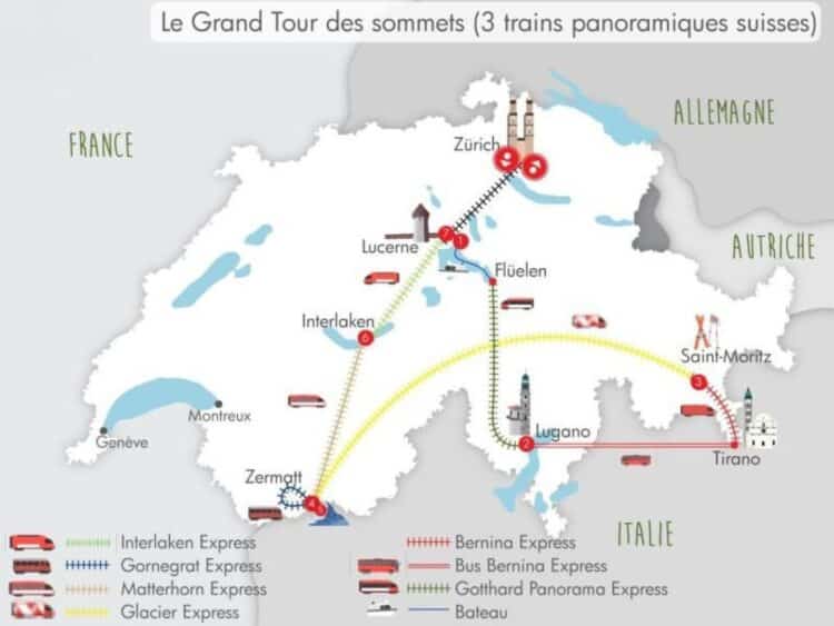 Carte de la Suisse présentant un itinéraire de trains panoramiques entre Zurich, Lucerne, Zermatt et Lugano
