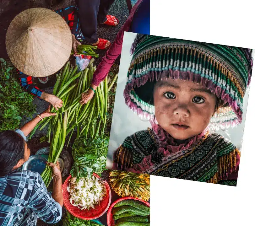 Marché vibrant en Asie avec interaction culturelle et échange avec des vendeurs locaux, juxtaposé au portrait touchant d'un enfant en habits traditionnels, représentant l'engagement d'Atlantide Voyages en faveur d'un tourisme durable et respectueux des cultures locales.