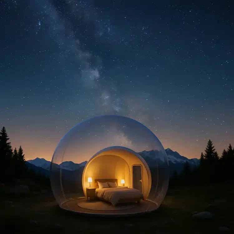 Nuit dans une bulle transparente sous les étoiles en montagne, hébergement insolite pour un séjour romantique.