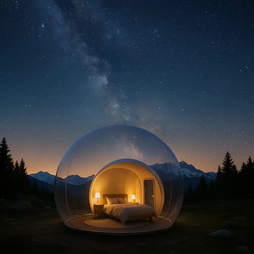 Nuit dans une bulle transparente sous les étoiles en montagne, hébergement insolite pour un séjour romantique.