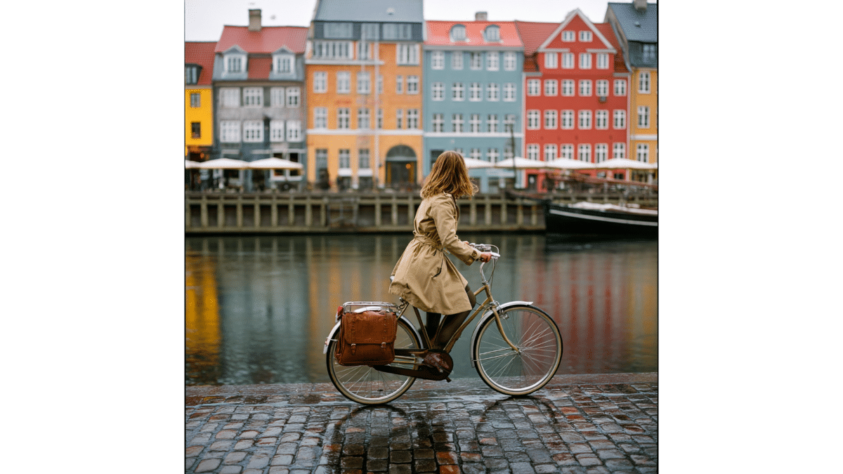 Femme à vélo longeant les maisons colorées de Nyhavn à Copenhague, Danemark
