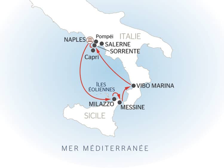 Carte de l’itinéraire de la croisière en Italie du Sud incluant Naples, Capri, Sorrente, Salerne, les îles Éoliennes, Milazzo, Messine et Vibo Marina