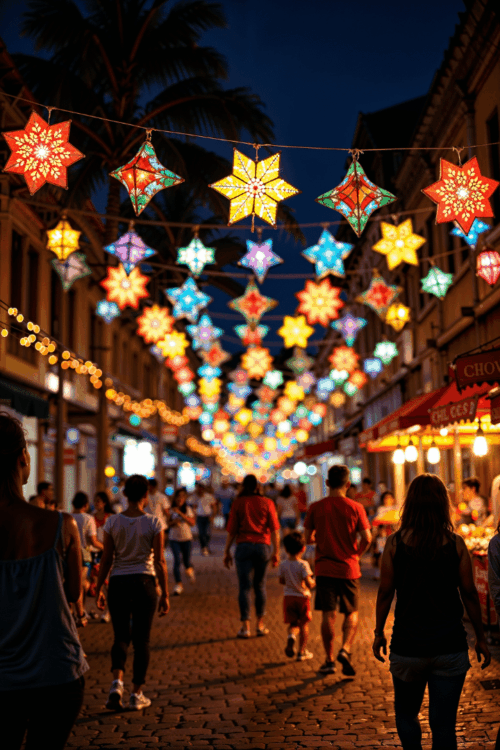 Lanternes colorées suspendues dans une rue animée d’Asie pendant les fêtes de Noël.