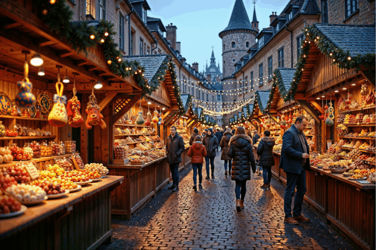 Marché de Noël traditionnel en Europe avec chalets en bois, décorations et lumières féeriques.