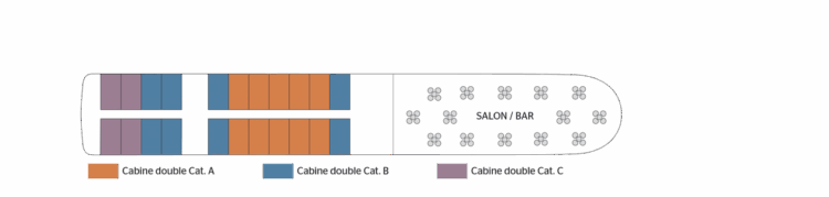 Plan du pont embarcations du navire de croisière en Italie du Sud avec salon-bar et cabines