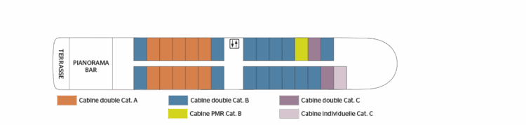 Plan du pont supérieur avec cabines, panorama bar et terrasse du navire en Italie du Sud