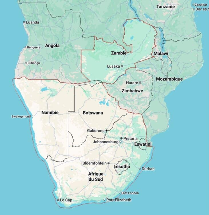 Carte de l’Afrique australe montrant un itinéraire de voyage reliant Afrique du Sud, Botswana, Namibie et Zimbabwe.