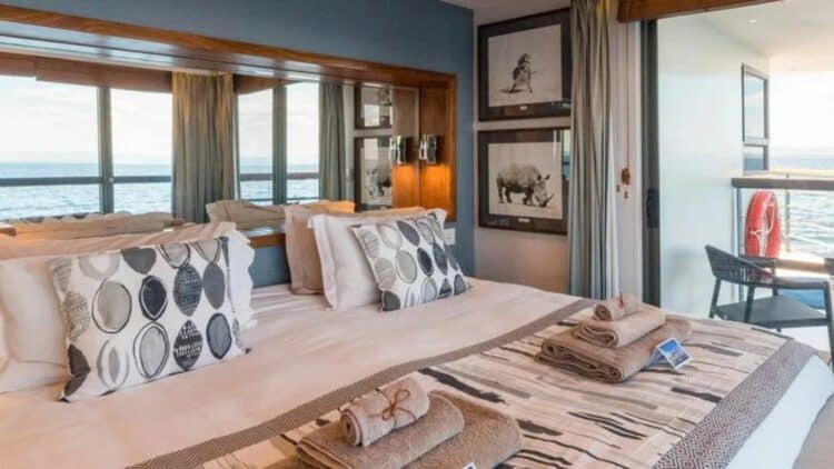 Cabine double du bateau African Dream avec grande baie vitree et vue panoramique sur le fleuve africain.