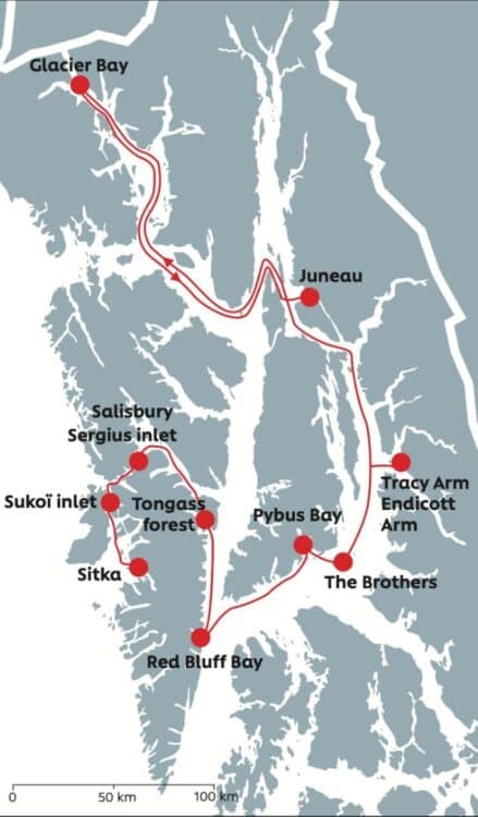 Carte de l’itinéraire d’une croisière d’expédition en Alaska entre Sitka, Juneau et la baie des Glaciers.