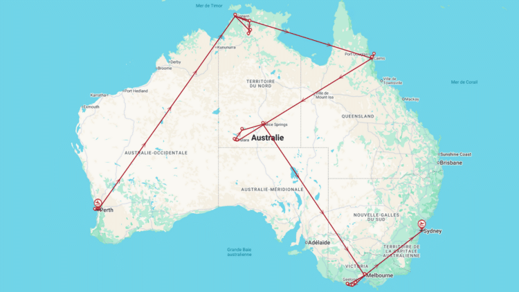 Carte de l’Australie présentant un itinéraire de voyage sur mesure reliant Perth, Darwin, Cairns, Alice Springs, Melbourne et Sydney