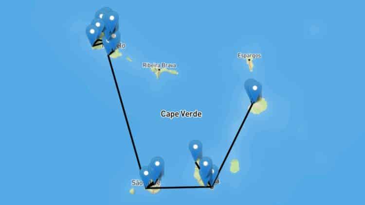 Carte de l’itinéraire de voyage à travers les îles du Cap-Vert.