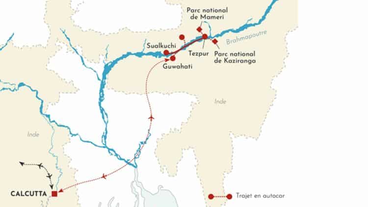 Carte montrant l’itinéraire entre Calcutta, Guwahati, Tezpur et les parcs nationaux le long du Brahmapoutre.