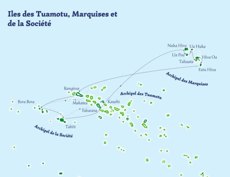 Carte de l’itinéraire de croisière entre les Tuamotu, les Marquises et les îles de la Société