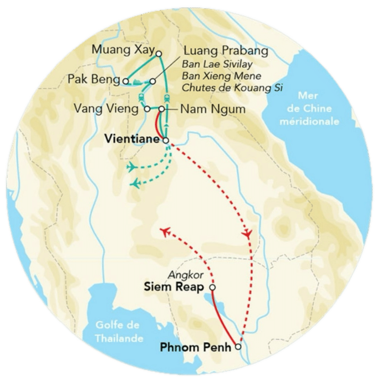 Carte illustrant un itinéraire de voyage entre le Laos et le Cambodge avec étapes principales.