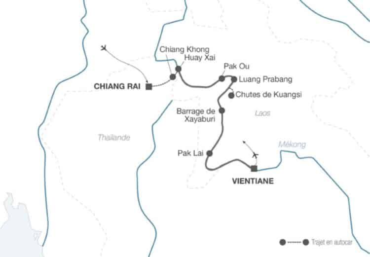 Carte de l’itinéraire entre Chiang Rai, Luang Prabang et Vientiane le long du Mékong.