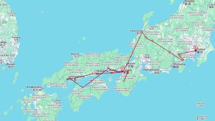Carte de l’itinéraire d’un voyage au Japon reliant Tokyo, Kanazawa, Kyoto, Osaka et Hiroshima