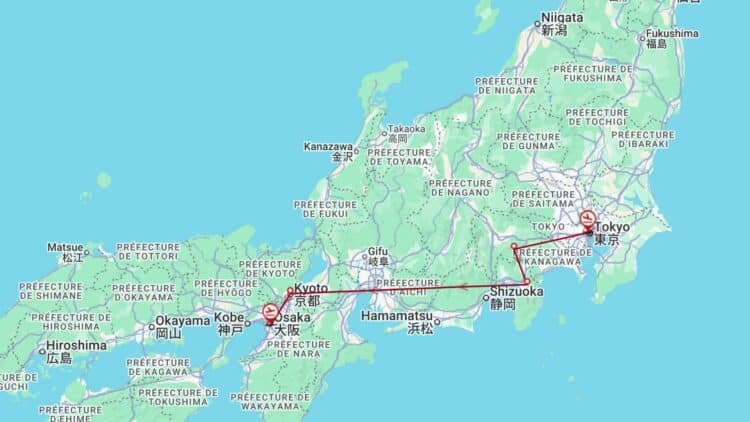 Carte du Japon montrant un itinéraire de voyage entre Tokyo, Kyoto et Osaka