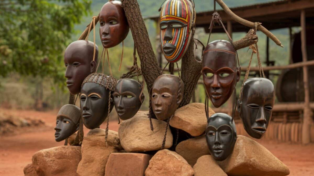 Masques traditionnels africains en bois suspendus sur un arbre dans un village rural