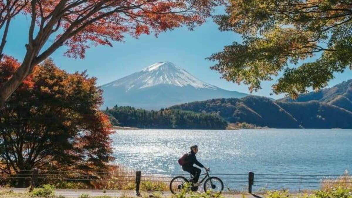 Cycliste longeant le lac Kawaguchiko avec le Mont Fuji en arrière-plan entouré d’arbres d’automne