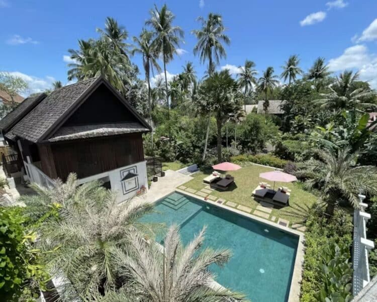 Piscine du Parasol Blanc Hotel entourée de végétation tropicale et de palmiers.