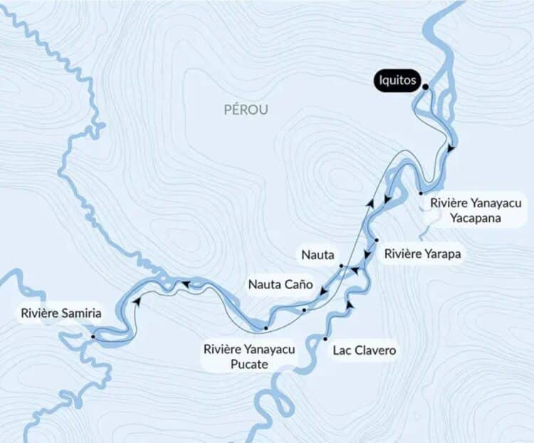Carte de l’itineraire de croisiere en Amazonie peruvienne entre Iquitos, Nauta et rivieres Yanayacu et Samiria.