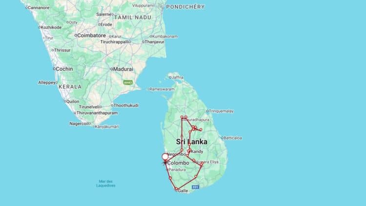 Carte illustrant l’itinéraire d’un circuit au Sri Lanka