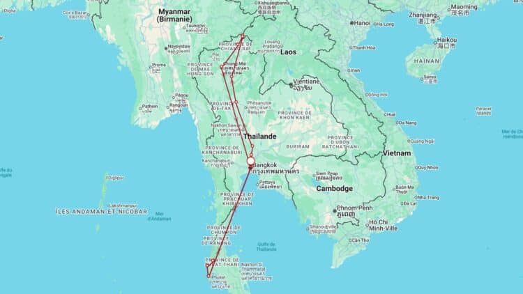 Carte illustrant un itinéraire de voyage du nord au sud de la Thaïlande.