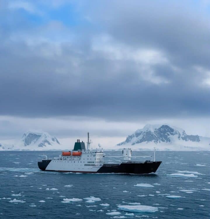 Navire d’expédition naviguant en Antarctique au milieu des glaces avec montagnes enneigées en arrière-plan.