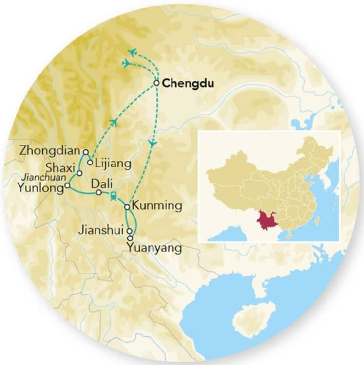 Carte illustrée de l’itinéraire de voyage entre Chengdu, Kunming, Dali et le Yunnan en Chine