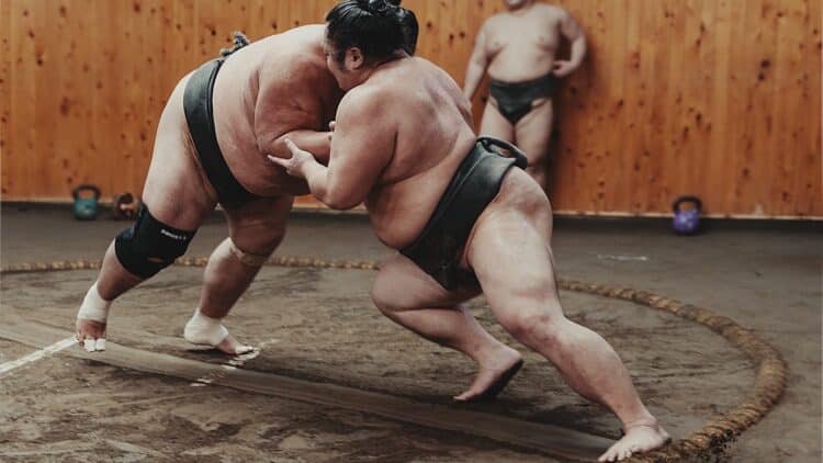 Deux lutteurs de sumo en plein combat dans un dojo au Japon
