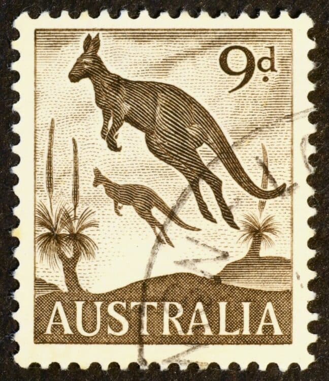 Timbre ancien australien avec illustration de kangourous et mention Australia