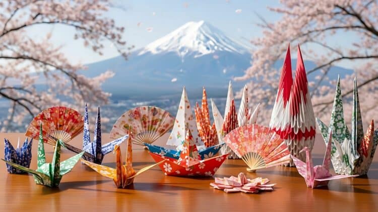 Origamis colorés représentant grues et éventails avec le mont Fuji en arrière-plan au Japon
