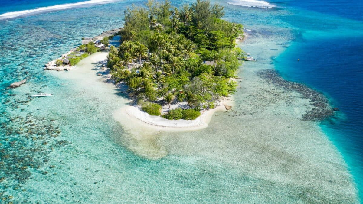 vue aerienne d une petite ile tropicale entouree par un lagon turquoise et recifs coralliens