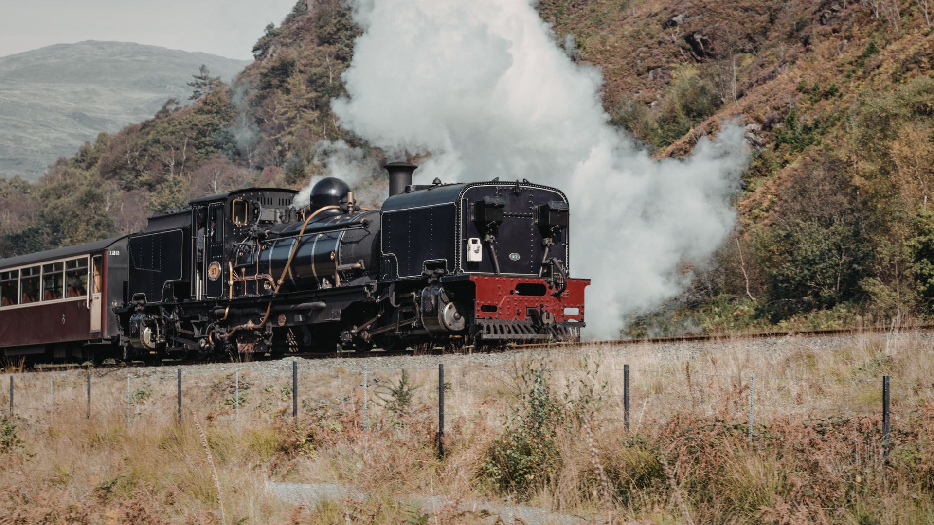 Train à vapeur circulant à travers un paysage naturel vallonné en Irlande