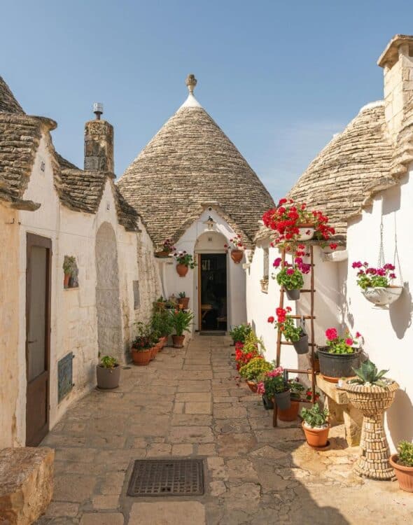 Ruelle d’Alberobello avec maisons trulli blanches aux toits coniques fleuris