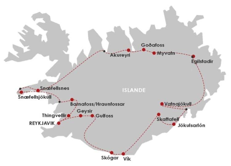 carte de lislande avec itineraire de road trip reliant principaux sites touristiques