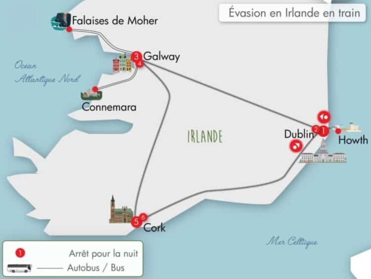 Carte de l’Irlande montrant un itinéraire de voyage en train avec étapes principales