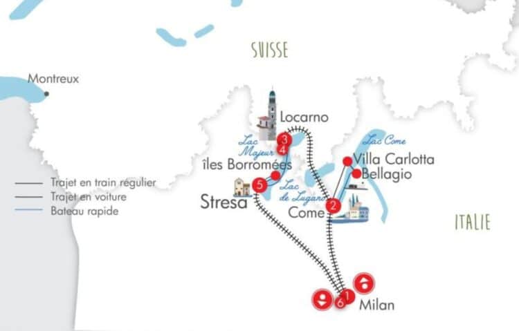 Carte d’un itinéraire en train en Italie et Suisse autour des lacs de Côme et Majeur
