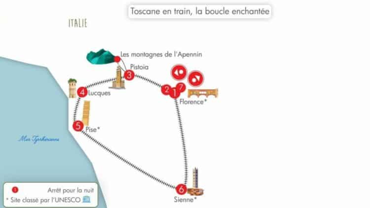 Carte d’un circuit en train en Toscane avec étapes Florence Pise Lucques Sienne