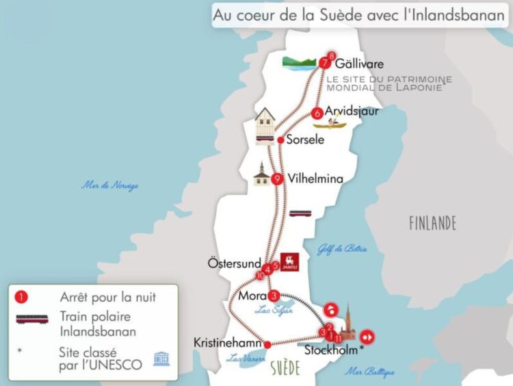 Carte de la Suède montrant un itinéraire en train Inlandsbanan entre Stockholm et la Laponie