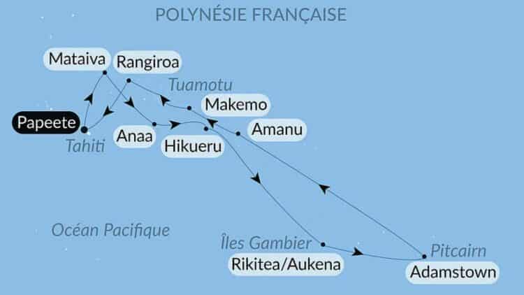 carte montrant un itinéraire de voyage en Polynésie française entre plusieurs îles