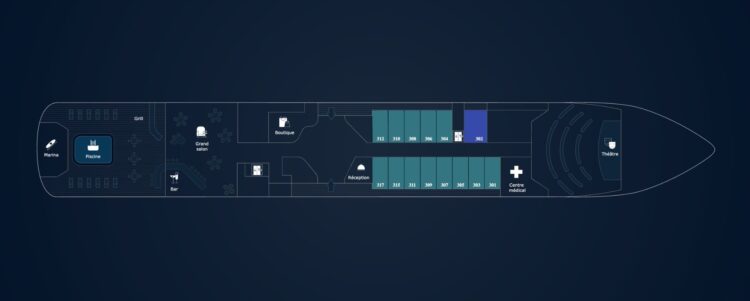 plan d’aménagement d’un bateau de croisière avec espaces communs et cabines