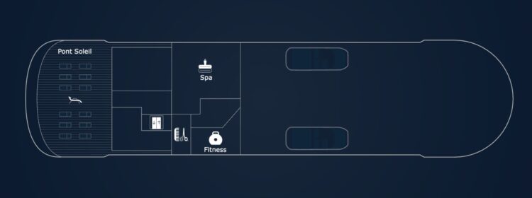 plan du pont soleil d’un bateau avec spa, espace fitness et zone détente extérieure