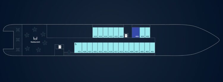 plan d’un pont de bateau avec restaurant et cabines réparties sur le niveau