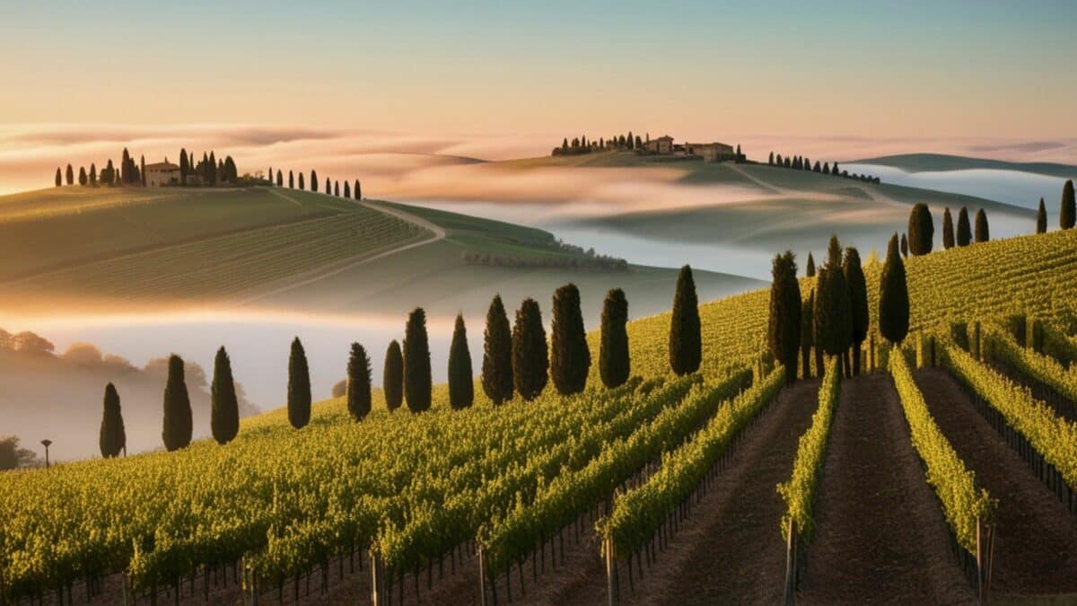 Paysage de Toscane avec vignobles alignés et cyprès sur collines brumeuses