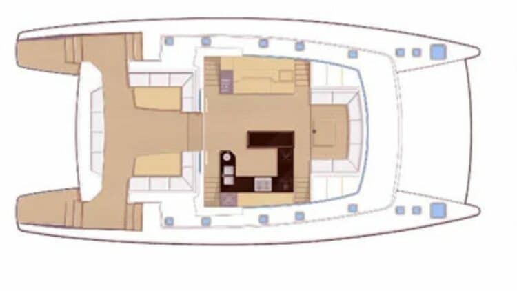 Plan du pont principal d’un catamaran avec espace de vie et cuisine